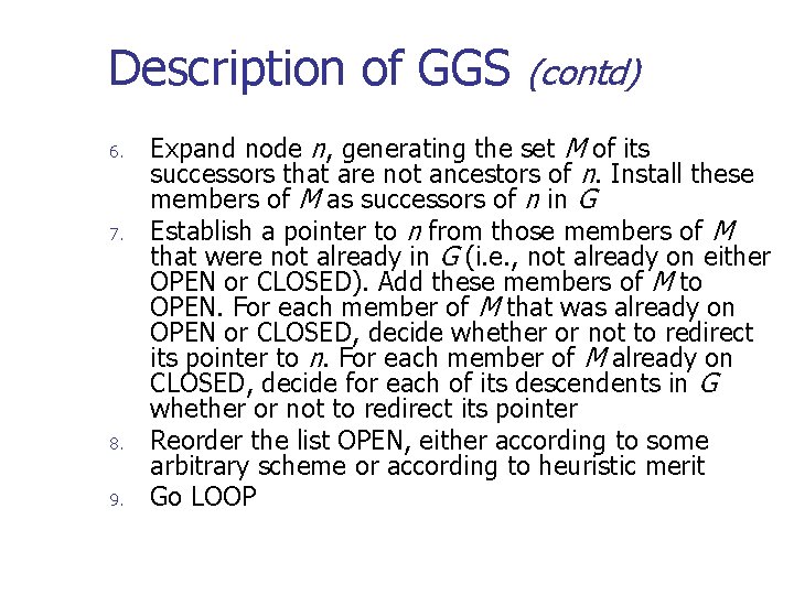 Description of GGS 6. 7. 8. 9. (contd) Expand node n, generating the set