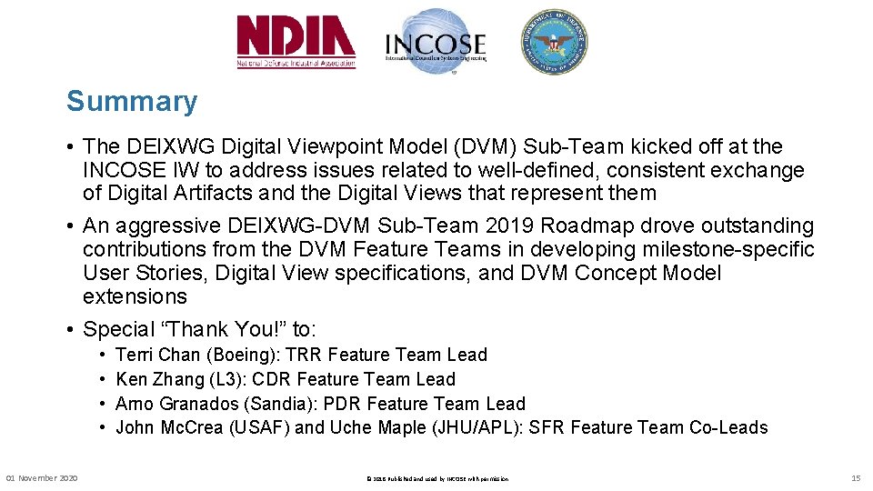 Summary • The DEIXWG Digital Viewpoint Model (DVM) Sub-Team kicked off at the INCOSE