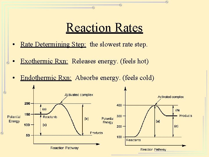 Reaction Rates • Rate Determining Step: the slowest rate step. • Exothermic Rxn: Releases