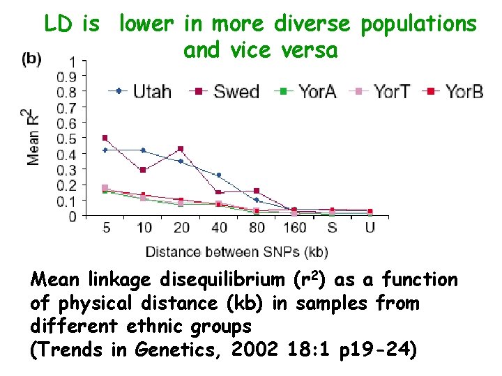 LD is lower in more diverse populations and vice versa Mean linkage disequilibrium (r