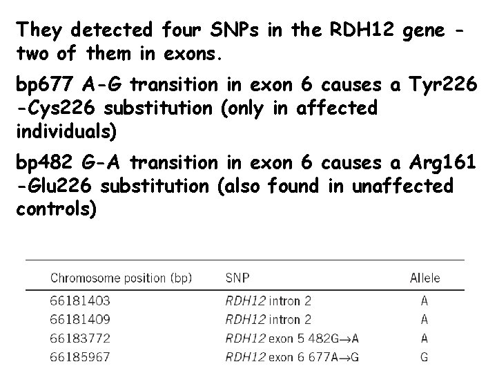 They detected four SNPs in the RDH 12 gene two of them in exons.