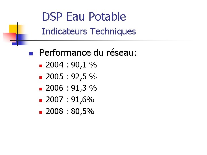  DSP Eau Potable Indicateurs Techniques n Performance du réseau: n n n 2004