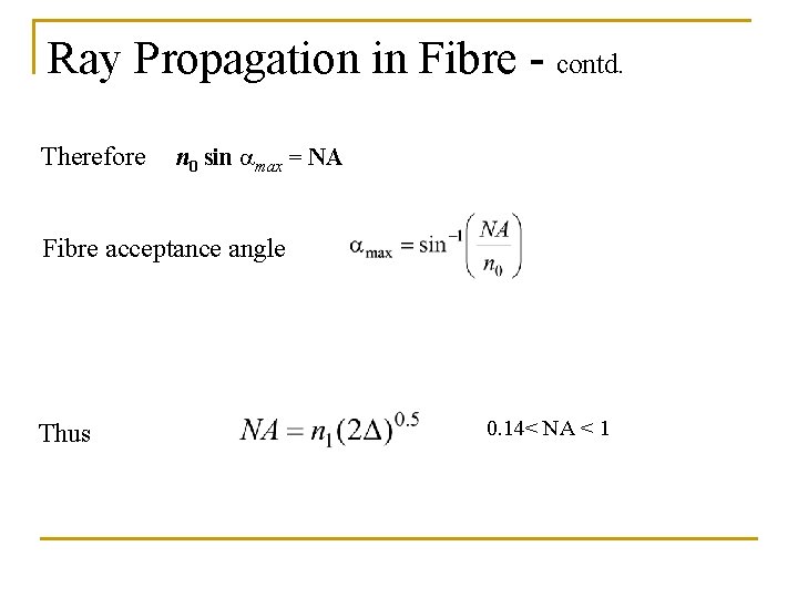 Ray Propagation in Fibre - contd. Therefore n 0 sin max = NA Fibre