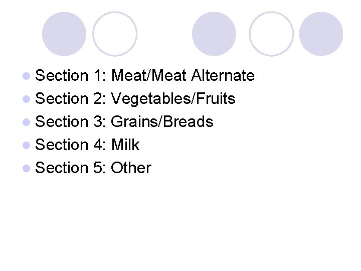 l Section 1: Meat/Meat Alternate l Section 2: Vegetables/Fruits l Section 3: Grains/Breads l