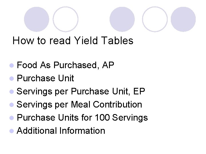 How to read Yield Tables l Food As Purchased, AP l Purchase Unit l