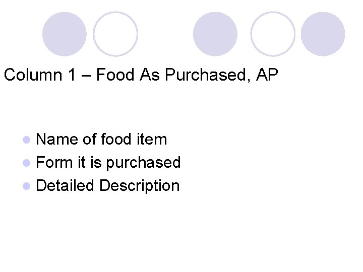 Column 1 – Food As Purchased, AP l Name of food item l Form