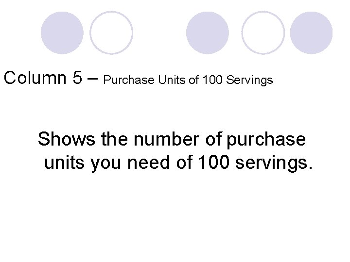 Column 5 – Purchase Units of 100 Servings Shows the number of purchase units