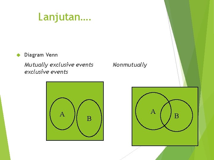 Lanjutan…. Diagram Venn Mutually exclusive events A B Nonmutually A B 7 