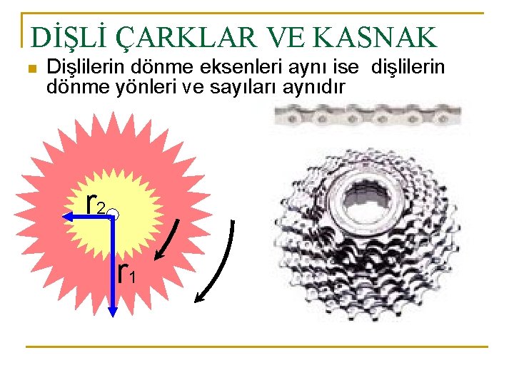 DİŞLİ ÇARKLAR VE KASNAK n Dişlilerin dönme eksenleri aynı ise dişlilerin dönme yönleri ve