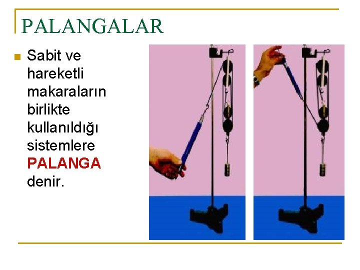 PALANGALAR n Sabit ve hareketli makaraların birlikte kullanıldığı sistemlere PALANGA denir. 