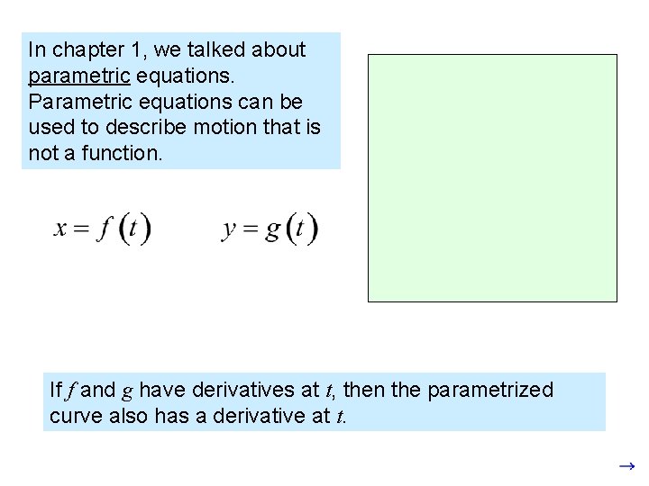 In chapter 1, we talked about parametric equations. Parametric equations can be used to