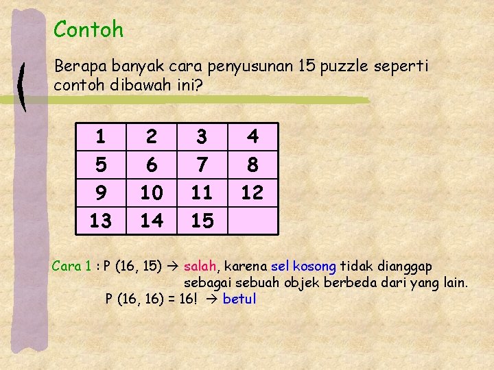 Contoh Berapa banyak cara penyusunan 15 puzzle seperti contoh dibawah ini? 1 5 9