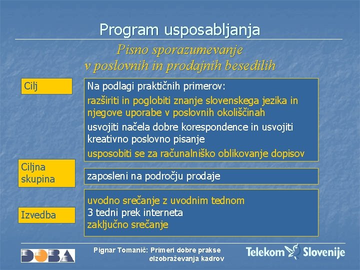 Program usposabljanja Pisno sporazumevanje v poslovnih in prodajnih besedilih Cilj Na podlagi praktičnih primerov: