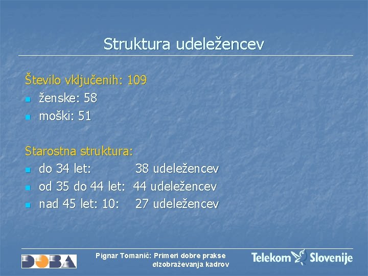 Struktura udeležencev Število vključenih: 109 n ženske: 58 n moški: 51 Starostna struktura: n