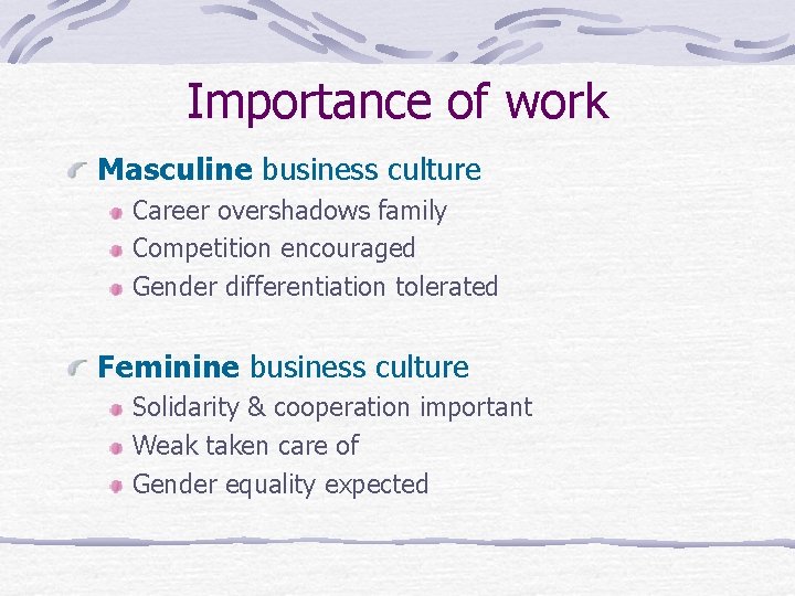 Importance of work Masculine business culture Career overshadows family Competition encouraged Gender differentiation tolerated