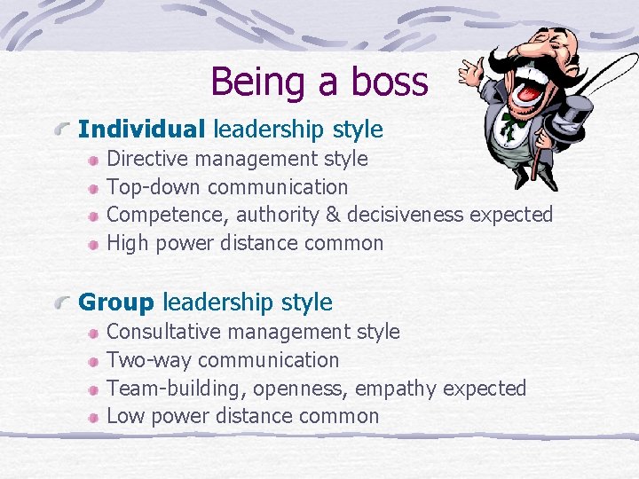 Being a boss Individual leadership style Directive management style Top-down communication Competence, authority &