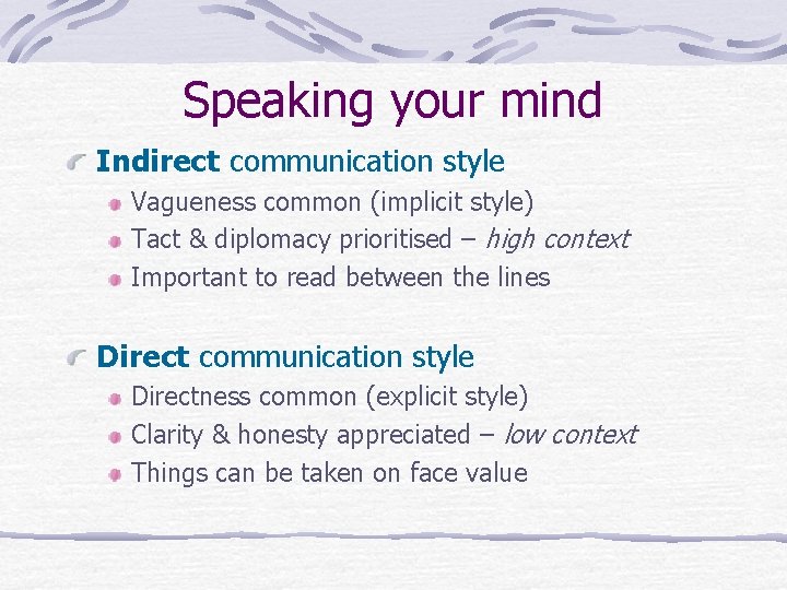 Speaking your mind Indirect communication style Vagueness common (implicit style) Tact & diplomacy prioritised