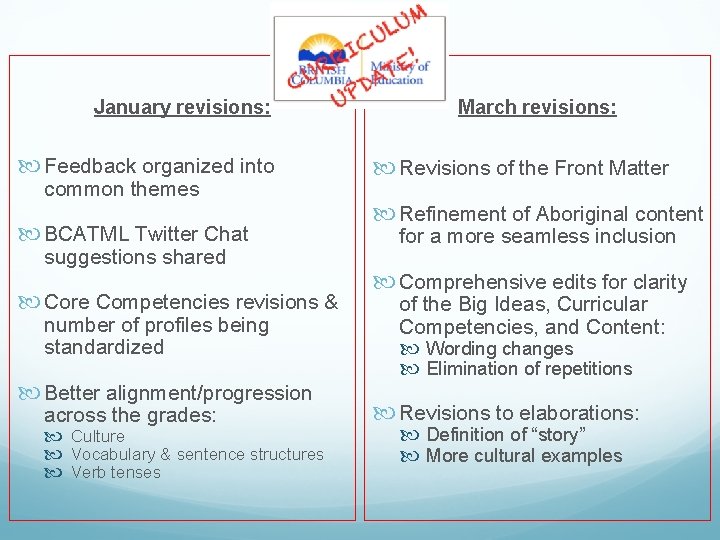 January revisions: Feedback organized into common themes BCATML Twitter Chat suggestions shared Core Competencies