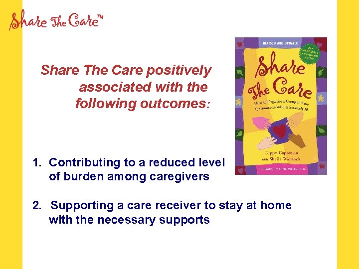 Share The Care positively associated with the following outcomes: 1. Contributing to a reduced