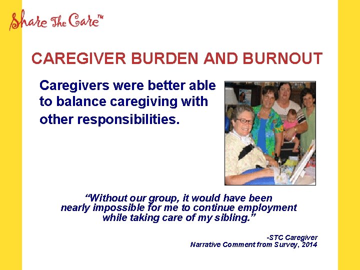 CAREGIVER BURDEN AND BURNOUT Caregivers were better able to balance caregiving with other responsibilities.