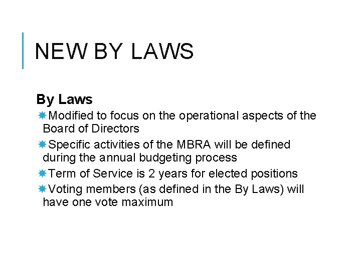 NEW BY LAWS By Laws Modified to focus on the operational aspects of the