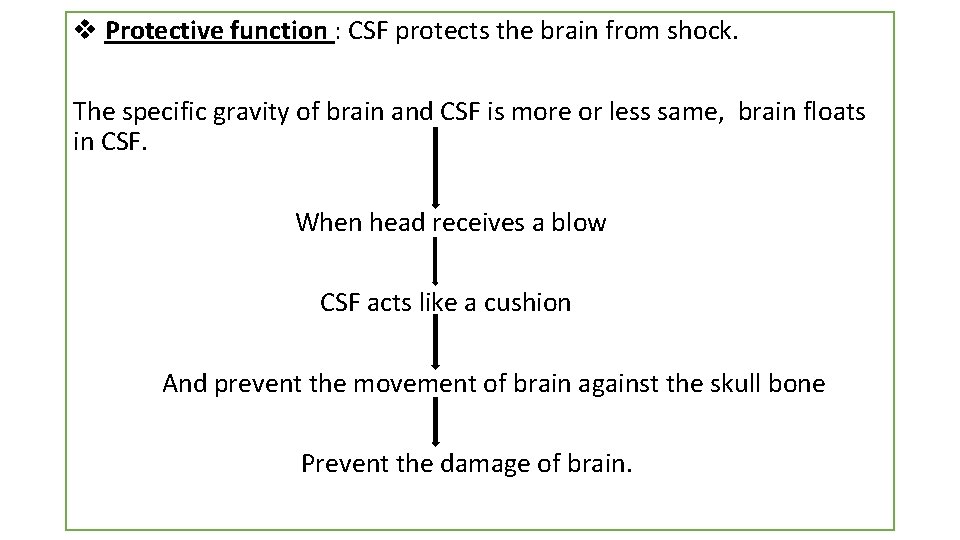 v Protective function : CSF protects the brain from shock. The specific gravity of