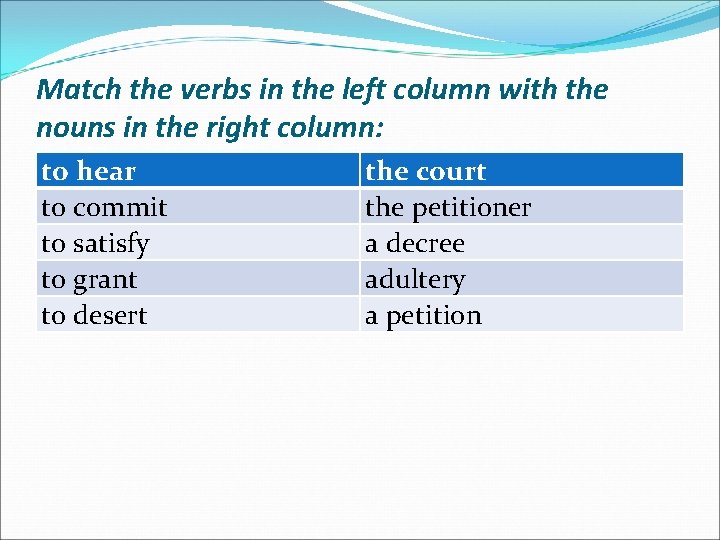 Match the verbs in the left column with the nouns in the right column: