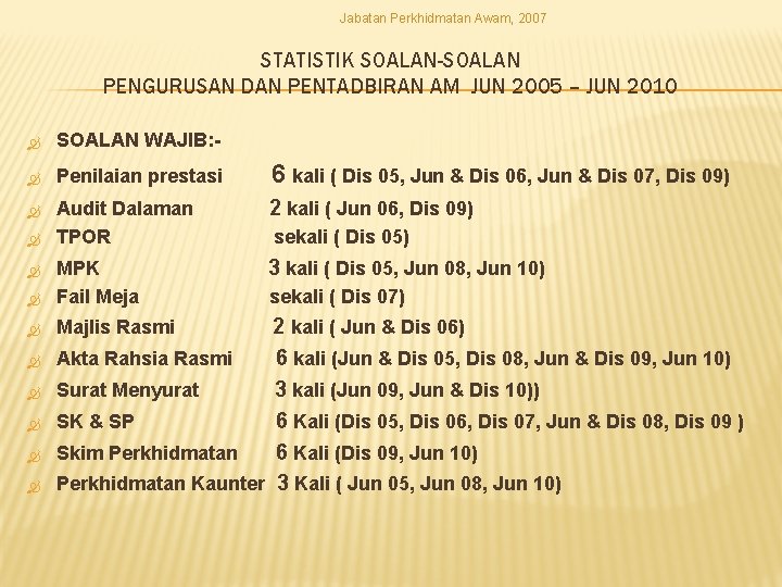 Jabatan Perkhidmatan Awam, 2007 STATISTIK SOALAN-SOALAN PENGURUSAN DAN PENTADBIRAN AM JUN 2005 – JUN