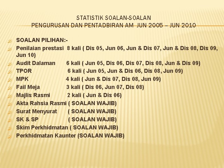 STATISTIK SOALAN-SOALAN PENGURUSAN DAN PENTADBIRAN AM JUN 2005 – JUN 2010 SOALAN PILIHAN: Penilaian