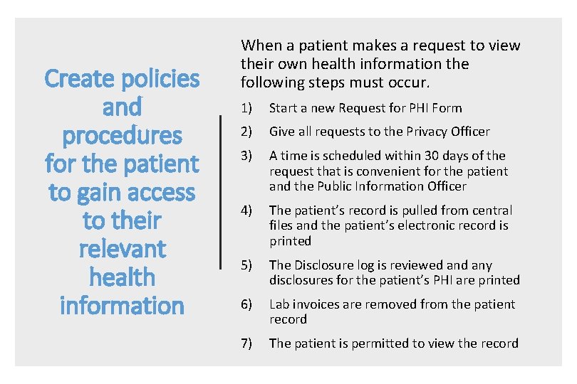 Create policies and procedures for the patient to gain access to their relevant health