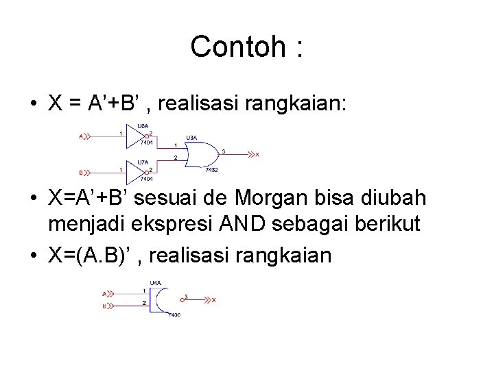 Contoh : • X = A’+B’ , realisasi rangkaian: • X=A’+B’ sesuai de Morgan