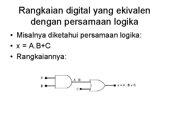 Rangkaian digital yang ekivalen dengan persamaan logika • Misalnya diketahui persamaan logika: • x