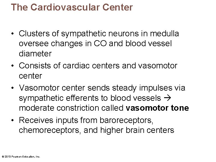 The Cardiovascular Center • Clusters of sympathetic neurons in medulla oversee changes in CO