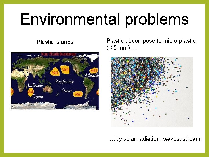 Environmental problems Plastic islands Plastic decompose to micro plastic (< 5 mm)… …by solar