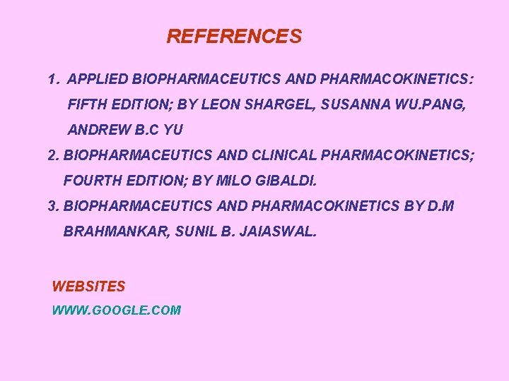 REFERENCES 1. APPLIED BIOPHARMACEUTICS AND PHARMACOKINETICS: FIFTH EDITION; BY LEON SHARGEL, SUSANNA WU. PANG,
