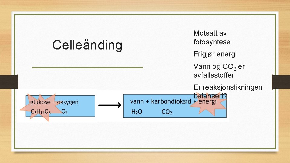 Celleånding Motsatt av fotosyntese Frigjør energi Vann og CO 2 er avfallsstoffer Er reaksjonslikningen