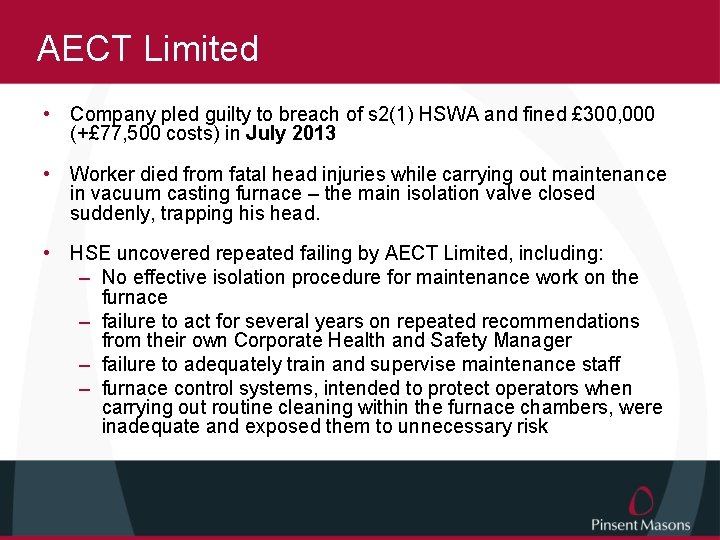 AECT Limited • Company pled guilty to breach of s 2(1) HSWA and fined