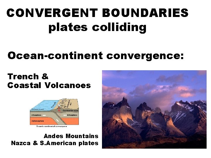 CONVERGENT BOUNDARIES plates colliding Ocean-continent convergence: Trench & Coastal Volcanoes Andes Mountains Nazca &
