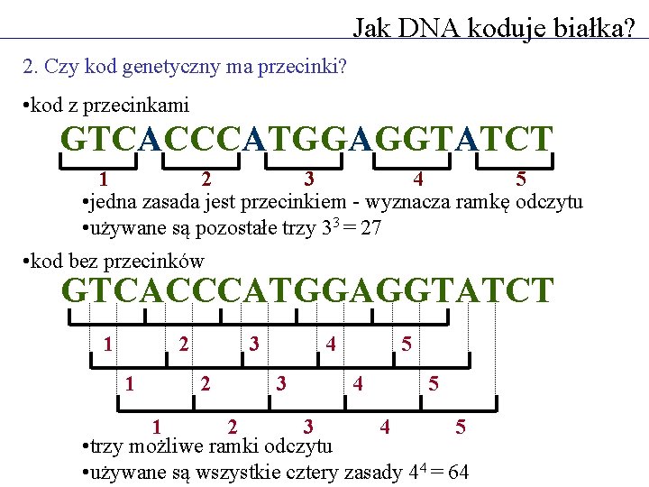 Jak DNA koduje białka? 2. Czy kod genetyczny ma przecinki? • kod z przecinkami