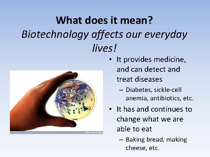 What does it mean? Biotechnology affects our everyday lives! • It provides medicine, and