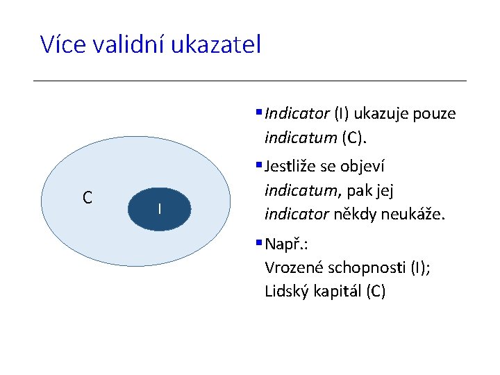 Více validní ukazatel Indicator (I) ukazuje pouze indicatum (C). C I Jestliže se objeví