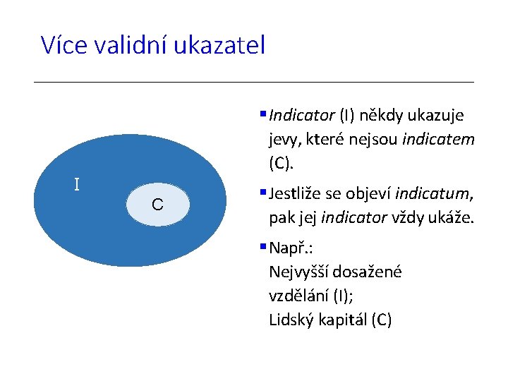 Více validní ukazatel Indicator (I) někdy ukazuje jevy, které nejsou indicatem (C). I C