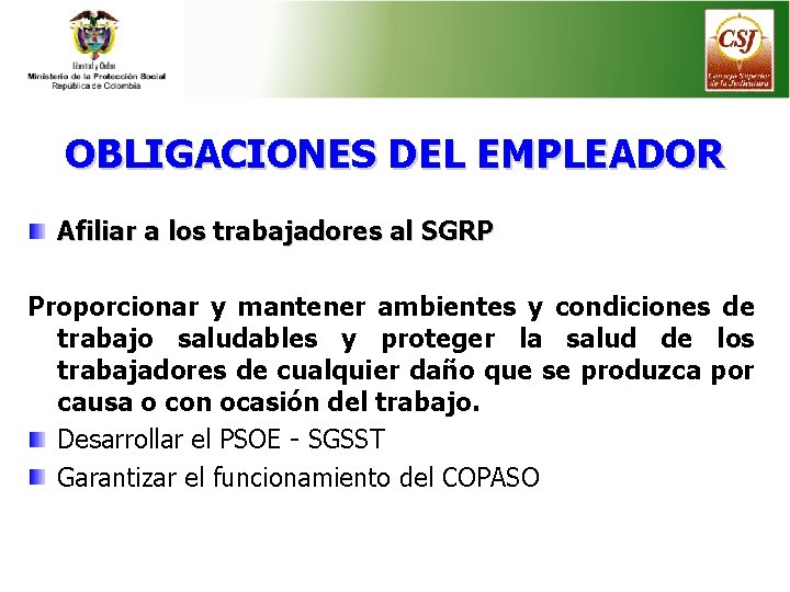 OBLIGACIONES DEL EMPLEADOR Afiliar a los trabajadores al SGRP Proporcionar y mantener ambientes y
