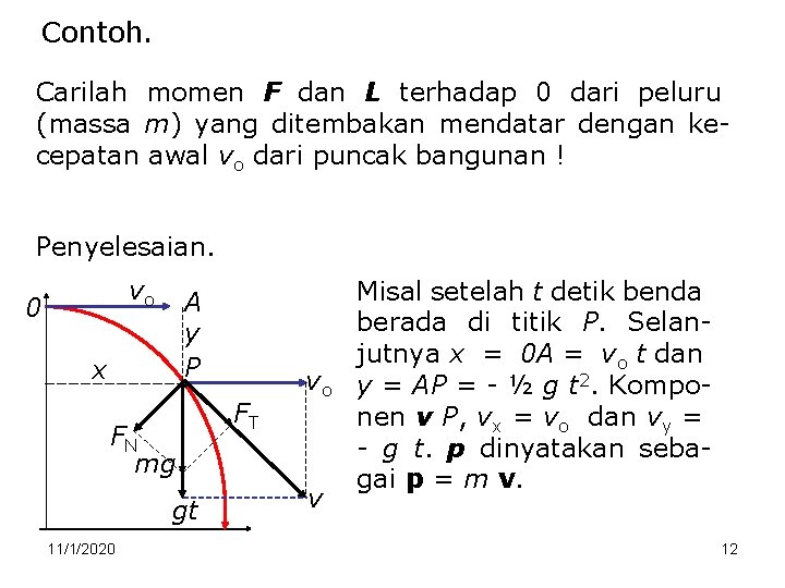 Contoh. Carilah momen F dan L terhadap 0 dari peluru (massa m) yang ditembakan