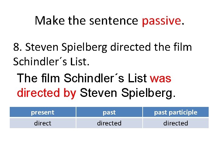 Make the sentence passive. 8. Steven Spielberg directed the film Schindler´s List. The film