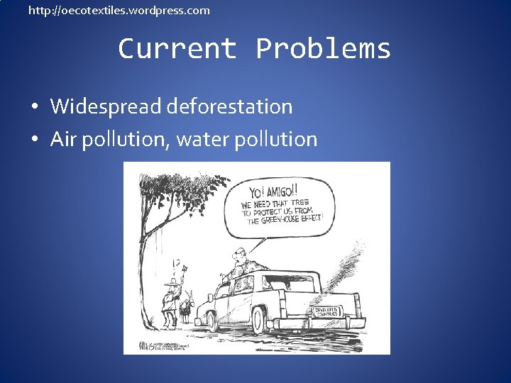 http: //oecotextiles. wordpress. com Current Problems • Widespread deforestation • Air pollution, water pollution