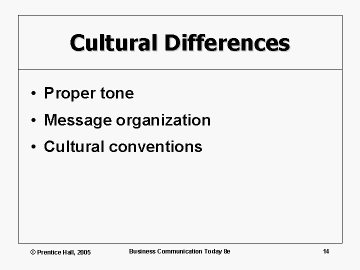 Cultural Differences • Proper tone • Message organization • Cultural conventions © Prentice Hall,