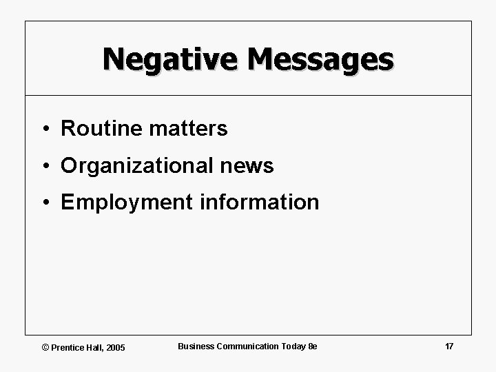 Negative Messages • Routine matters • Organizational news • Employment information © Prentice Hall,