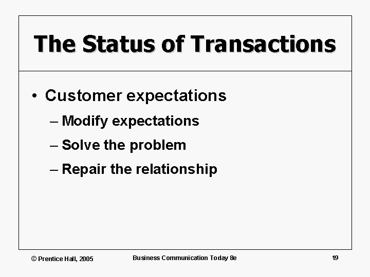 The Status of Transactions • Customer expectations – Modify expectations – Solve the problem