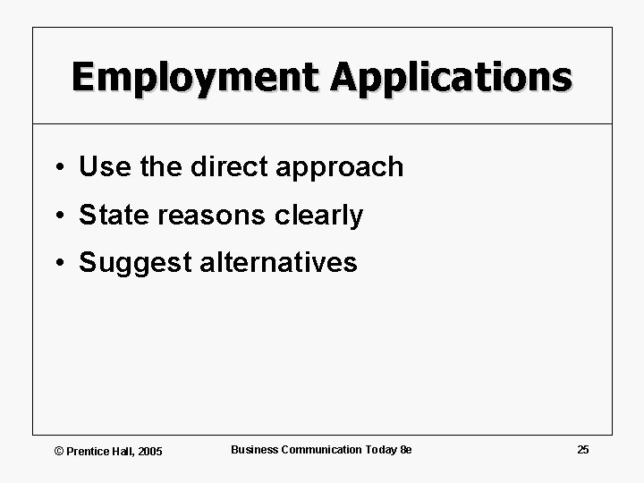 Employment Applications • Use the direct approach • State reasons clearly • Suggest alternatives